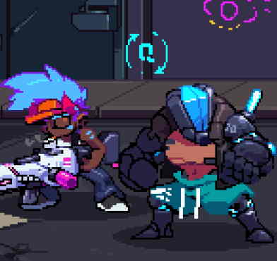 에너지 시커즈 게임 미래 도시 배경에서 캐릭터와 전투 UI 요소가 배치된 화면