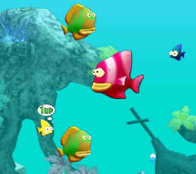 물고기 키우기 게임 수조 배경에서 물고기들이 헤엄치며 성장 상태가 표현된 장면