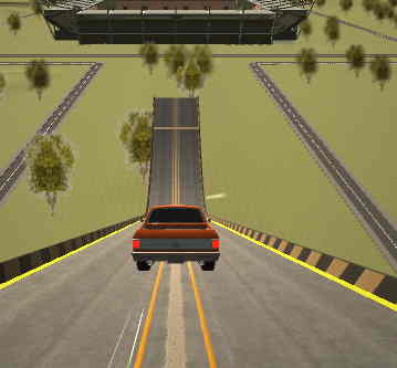 스턴트 디스트로이어 게임 차량이 경사로를 질주해 공중으로 도약하는 장면