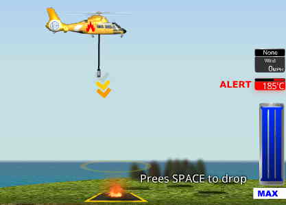 소방 헬기 불끄기 게임 붉은 불길이 솟구치는 숲 위로 소방 헬기가 물을 투하하는 장면